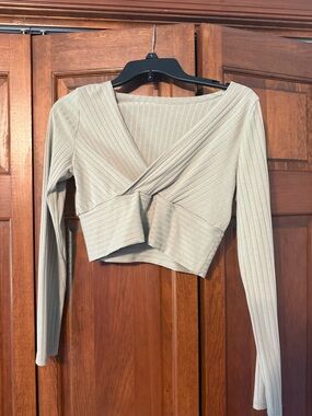 SHEIN Beige Ribbed Wrap Front Long-Sleeve Crop Top